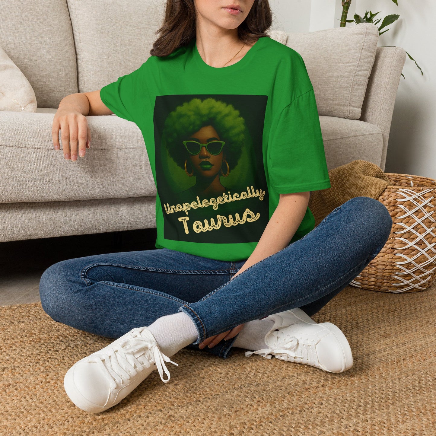 Unapologetically Taurus Green Afro Queen T-Shirt | Bold Zodiac Graphic Tee for Confident Women