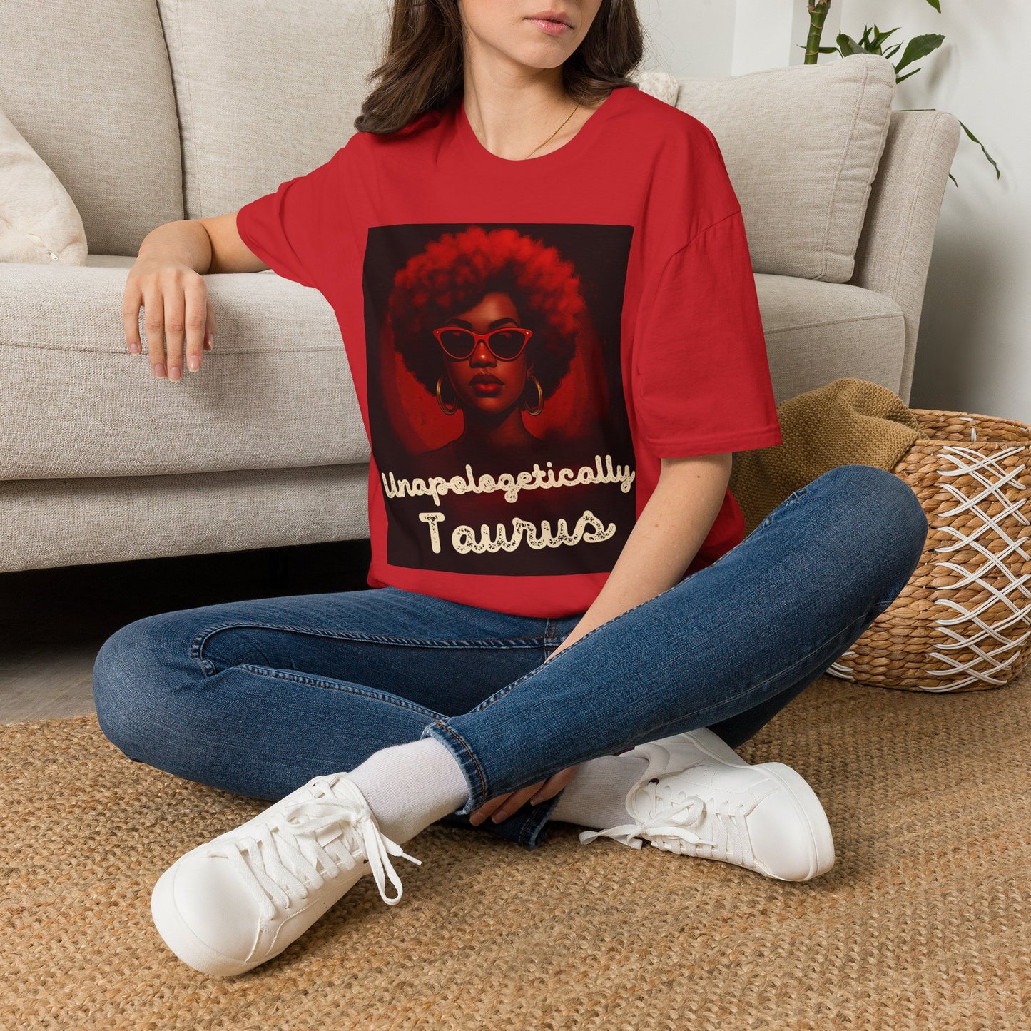 Unapologetically Taurus Red Afro Queen T-Shirt | Bold Zodiac Shirt for Confident Women