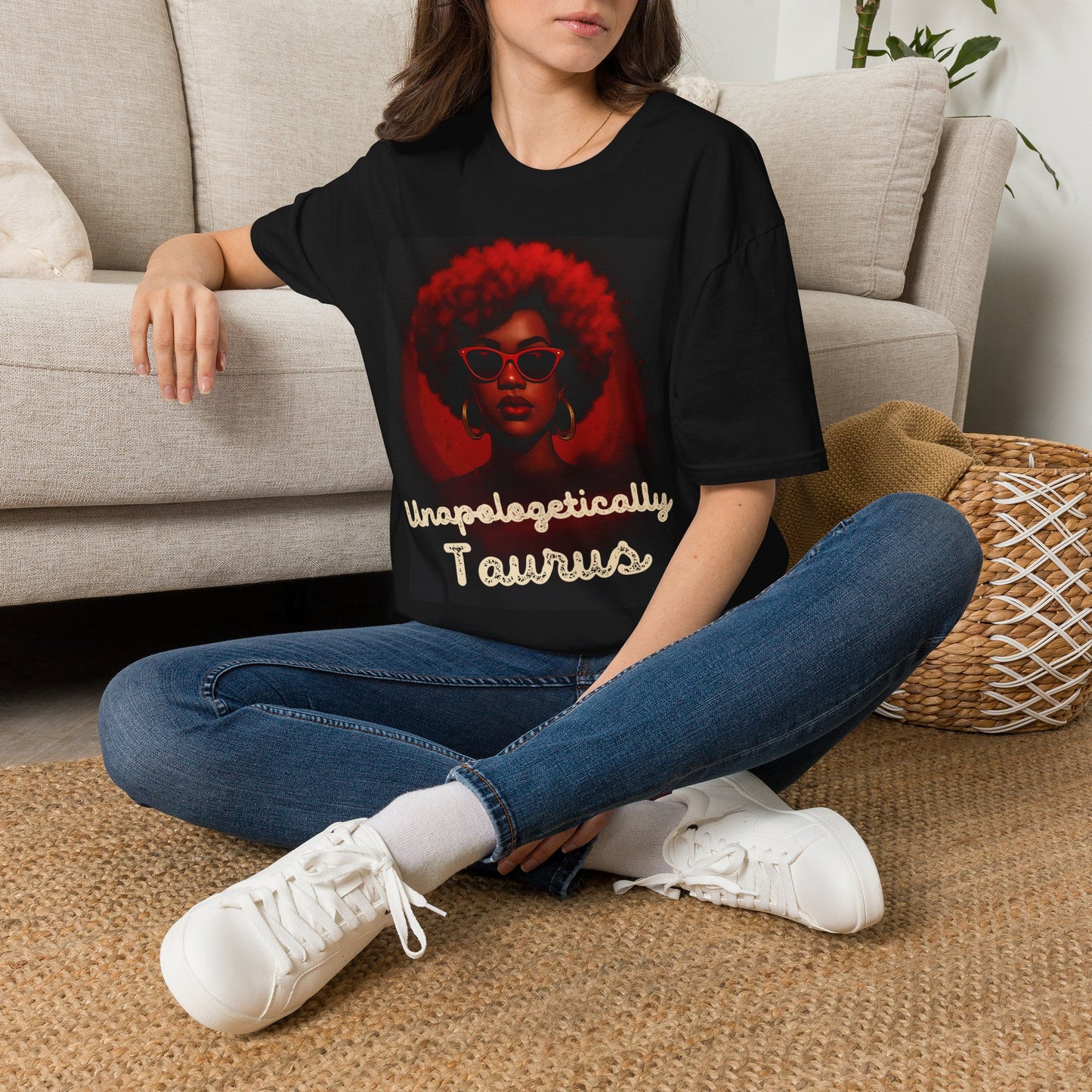 Unapologetically Taurus Red Afro Queen T-Shirt | Bold Zodiac Shirt for Confident Women